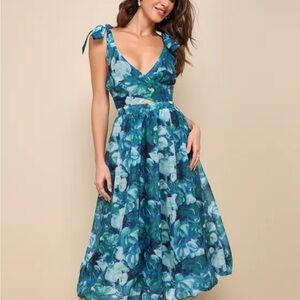 NWT Lulu’s Flowering Day Dream Teal Blue Floral Organza Midi Bubble Dress
